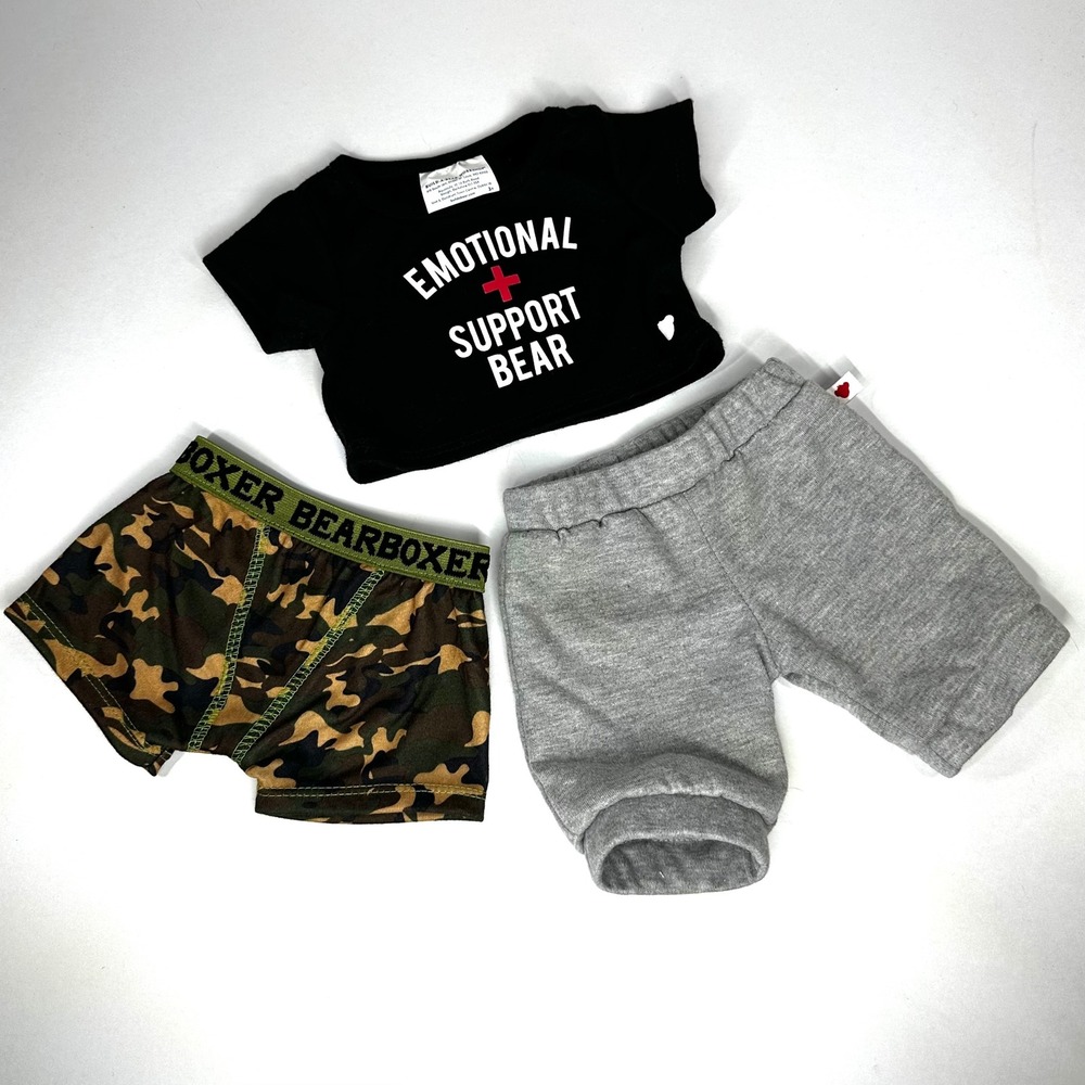 Build-A-Bear Emotional Support Bear Shirt Camo Underwear Gray Shorts Outfit Set
